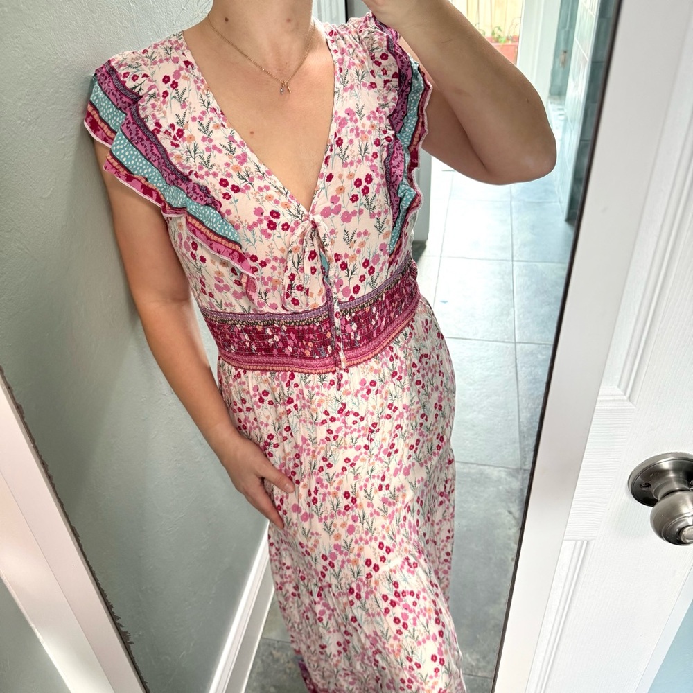 Floral Ruffle Maxi Dress M Boho Tiered Dainty Feminine Cottagecore Garden Party